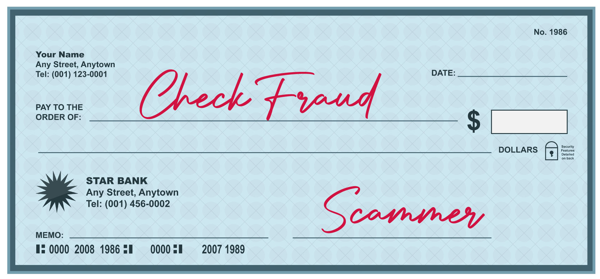 Paper Check with Check Fraud and Scammer handwritten